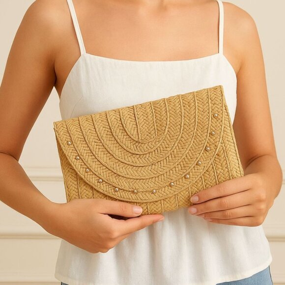 Straw Woven Envelope Clutch Purse Boho Beach Bag Resort Vacation Handbag Cruise - Picture 1 of 11